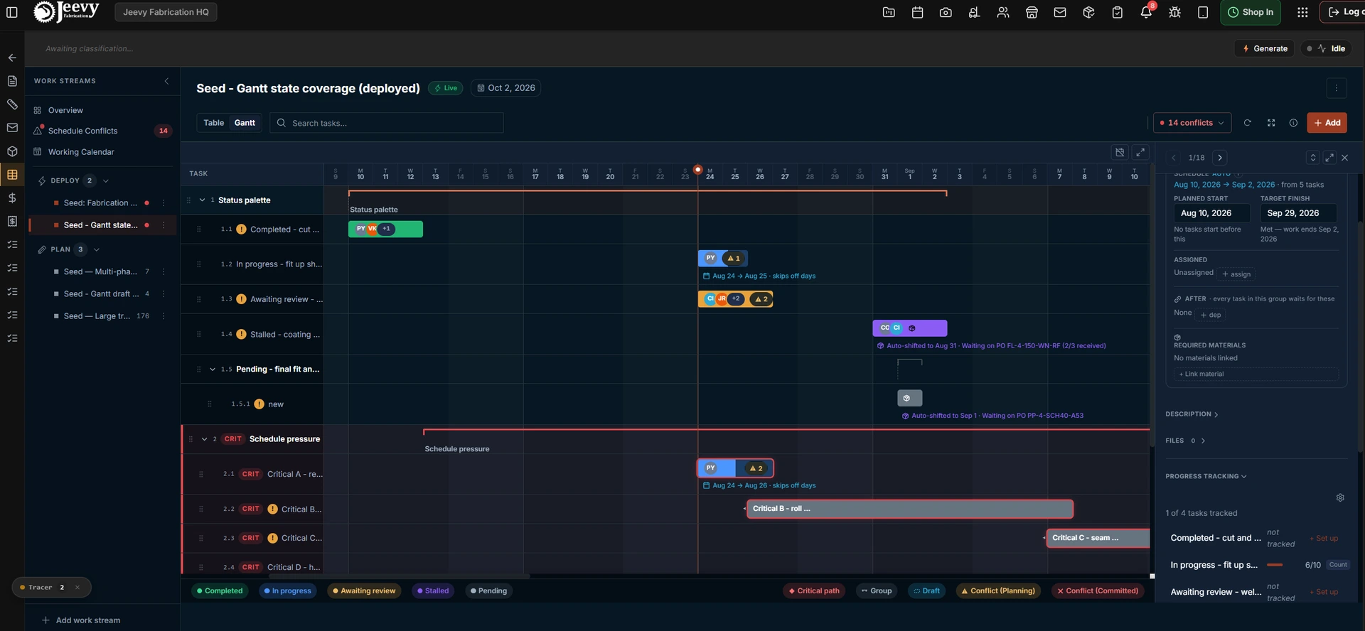 The production Gantt engine showing a purple material-stalled bar auto-shifted to a delivery date, azure in-progress bars, and a crimson critical path chain