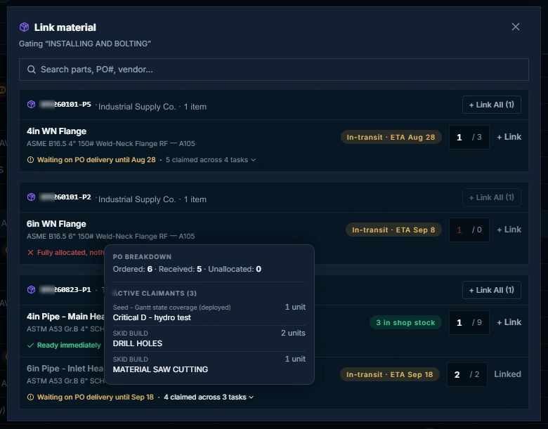 The material link modal showing clean line rows with allocation ratios, a fully-allocated lock, and an open claimant breakdown popover