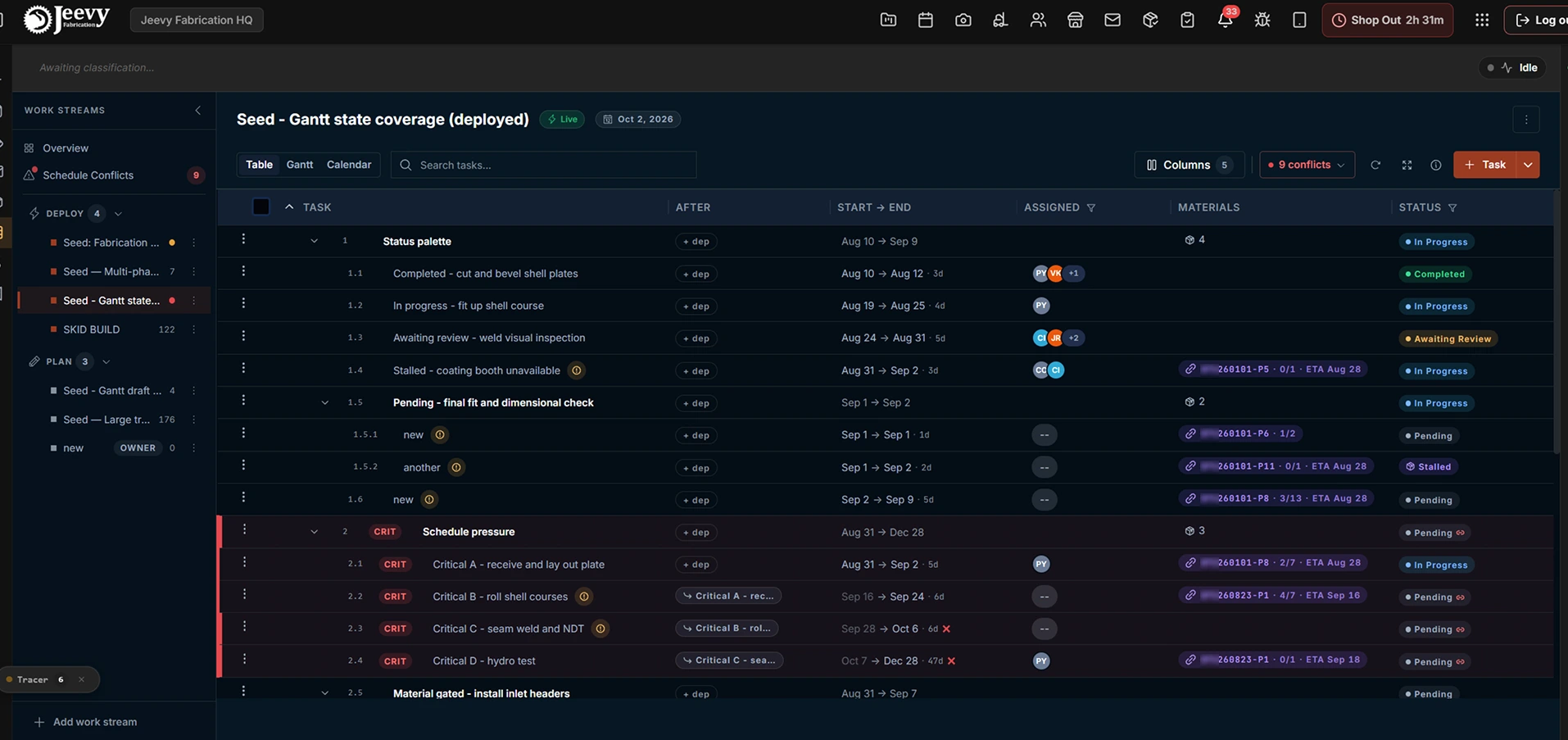 The production tasking table view with dense rows, inline material chips, hierarchical tree nesting and status pills