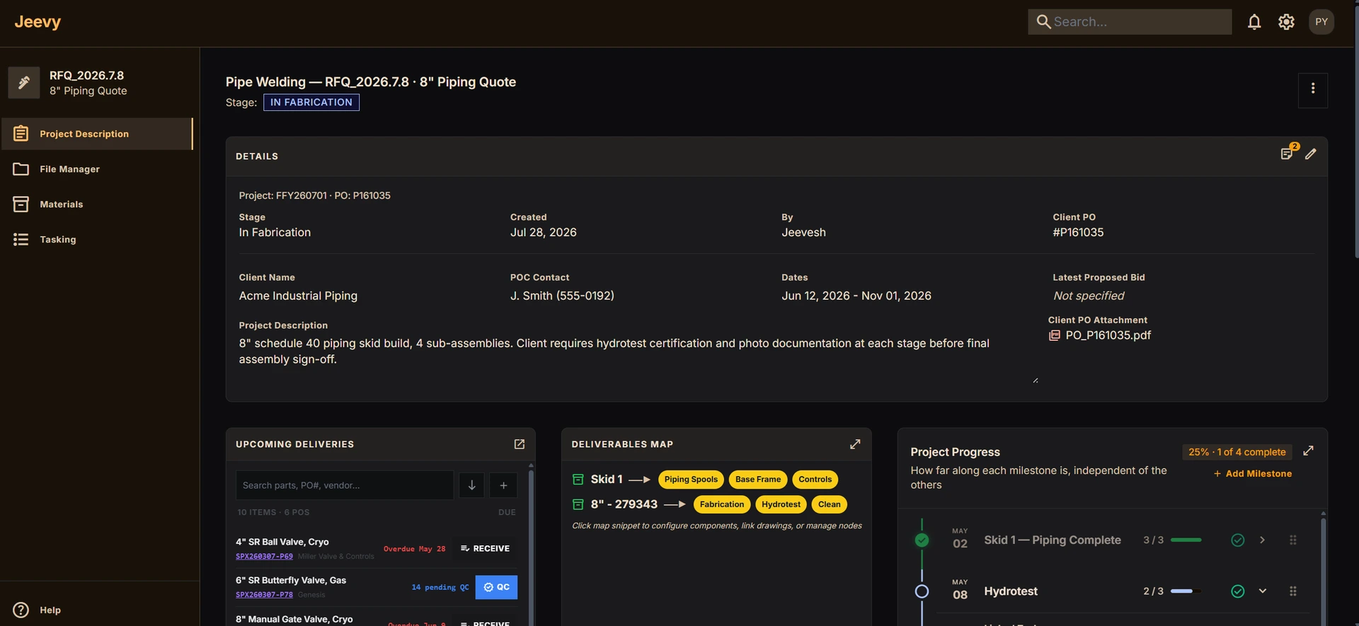 The mid-fidelity dashboard exploration with a details panel, upcoming deliveries, a deliverables map snippet and a project progress rail