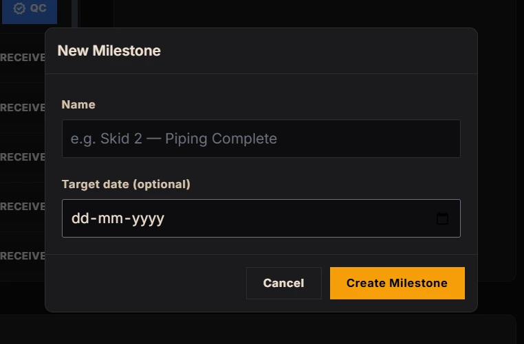 The new milestone dialog with a name field and an optional target date, and no percentage field