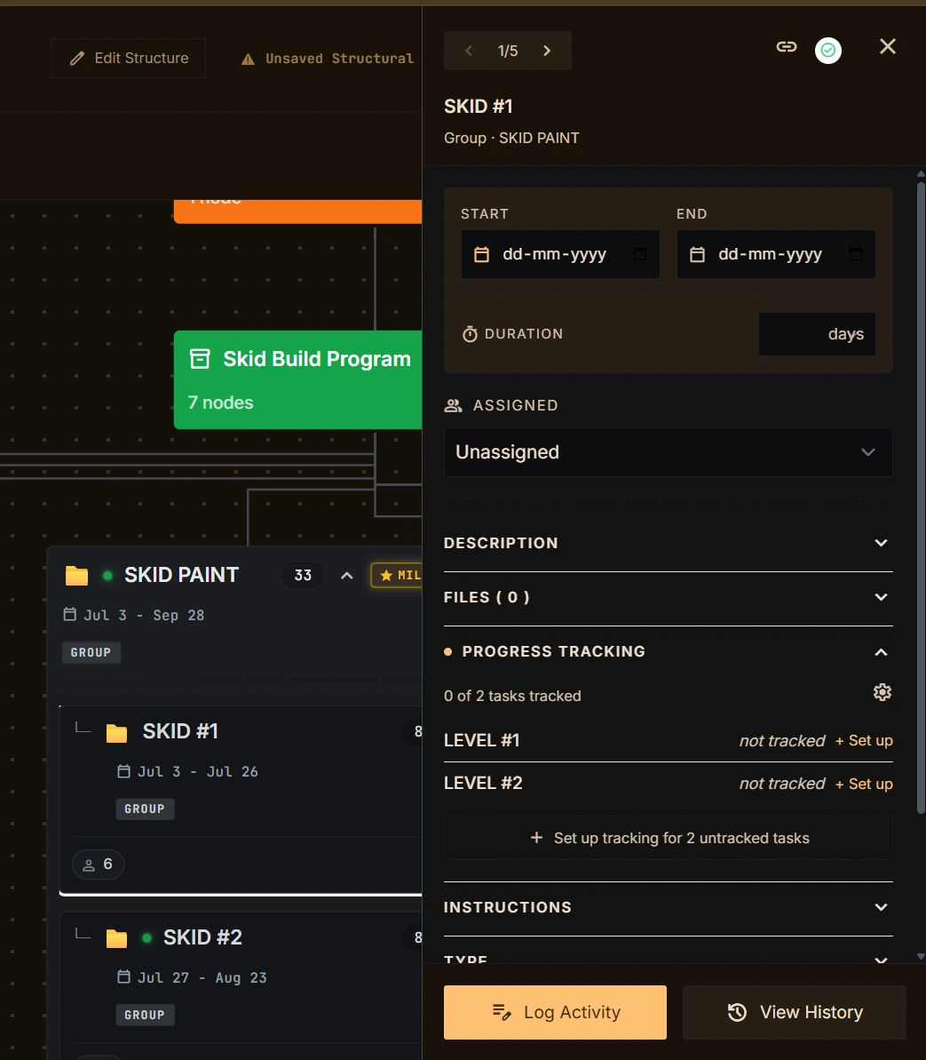 Detail of the deliverables map nodes showing rollup fractions, milestone star badges, date windows, assignees and blocked node flags
