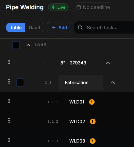 The tasking tab populated automatically from the deliverables map hierarchy