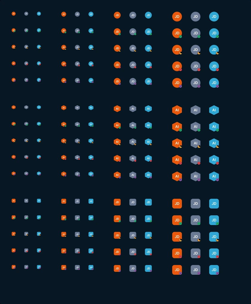 Avatar set showing circle, hexagon and square geometries across sizes and stacked group configurations