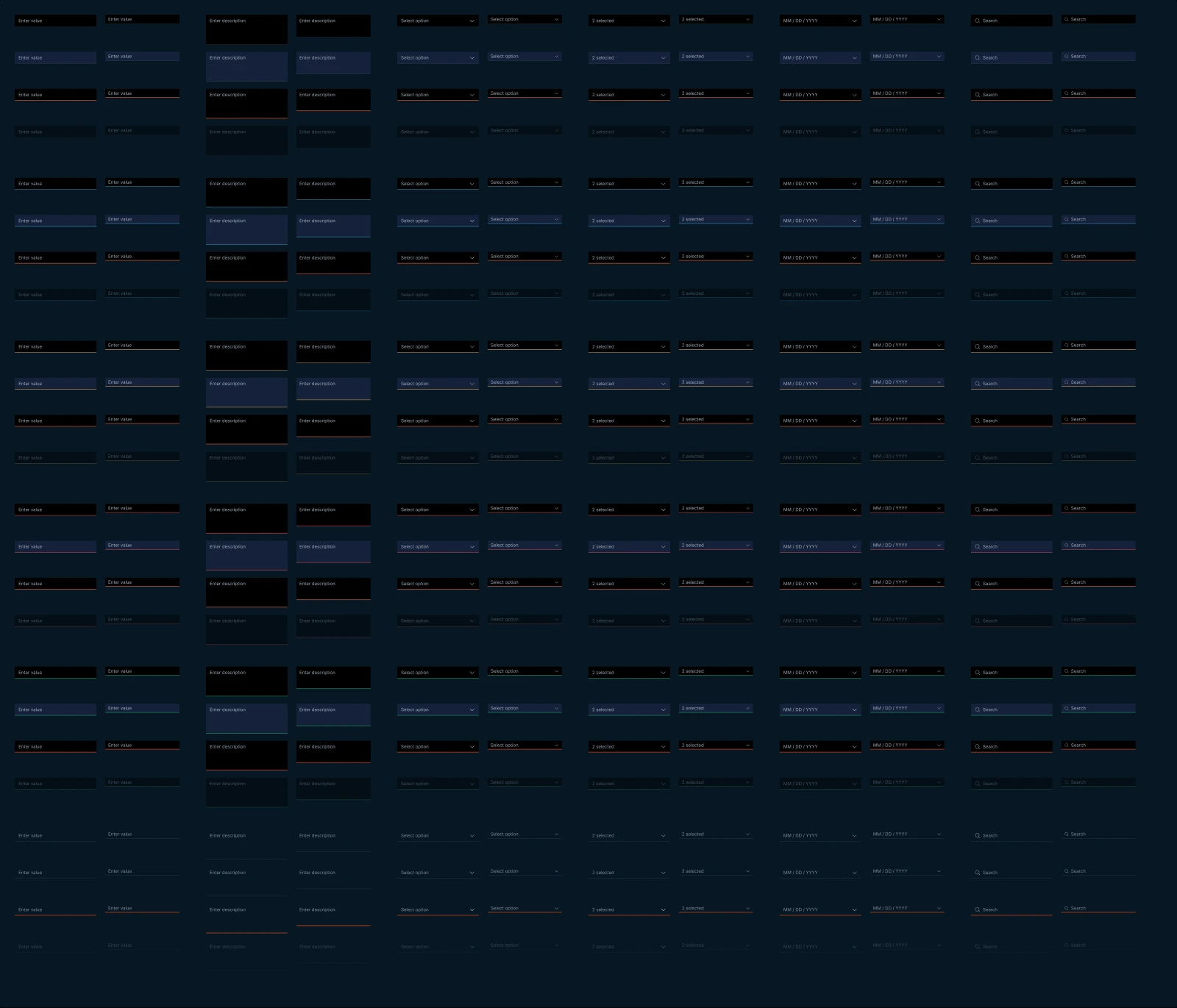 The full input component set showing text fields, selects, multi-selects, date pickers and search across rest, hover, focus, error and disabled states