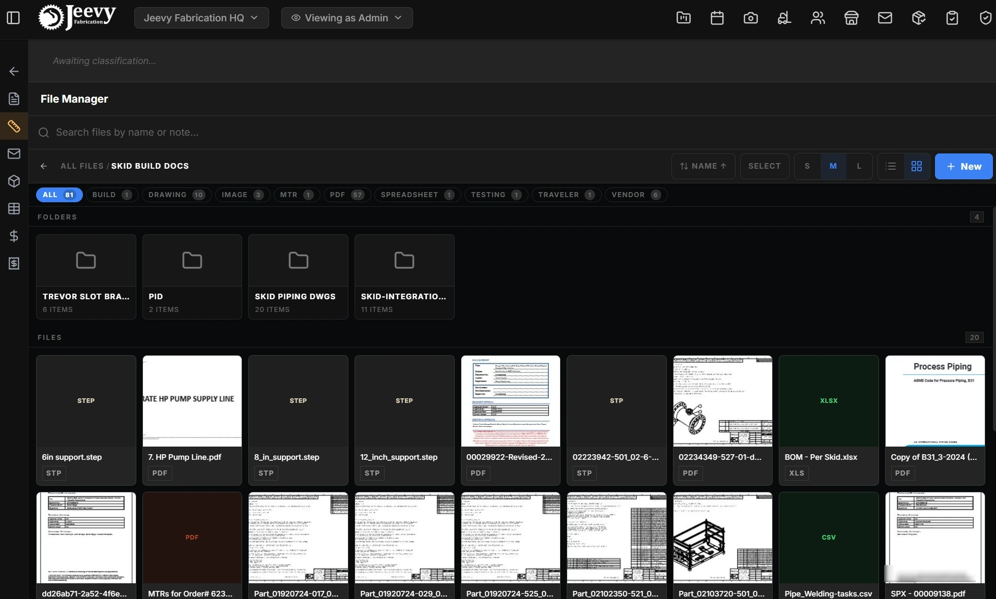 Production grid view with large thumbnails, folder pills, and type filters