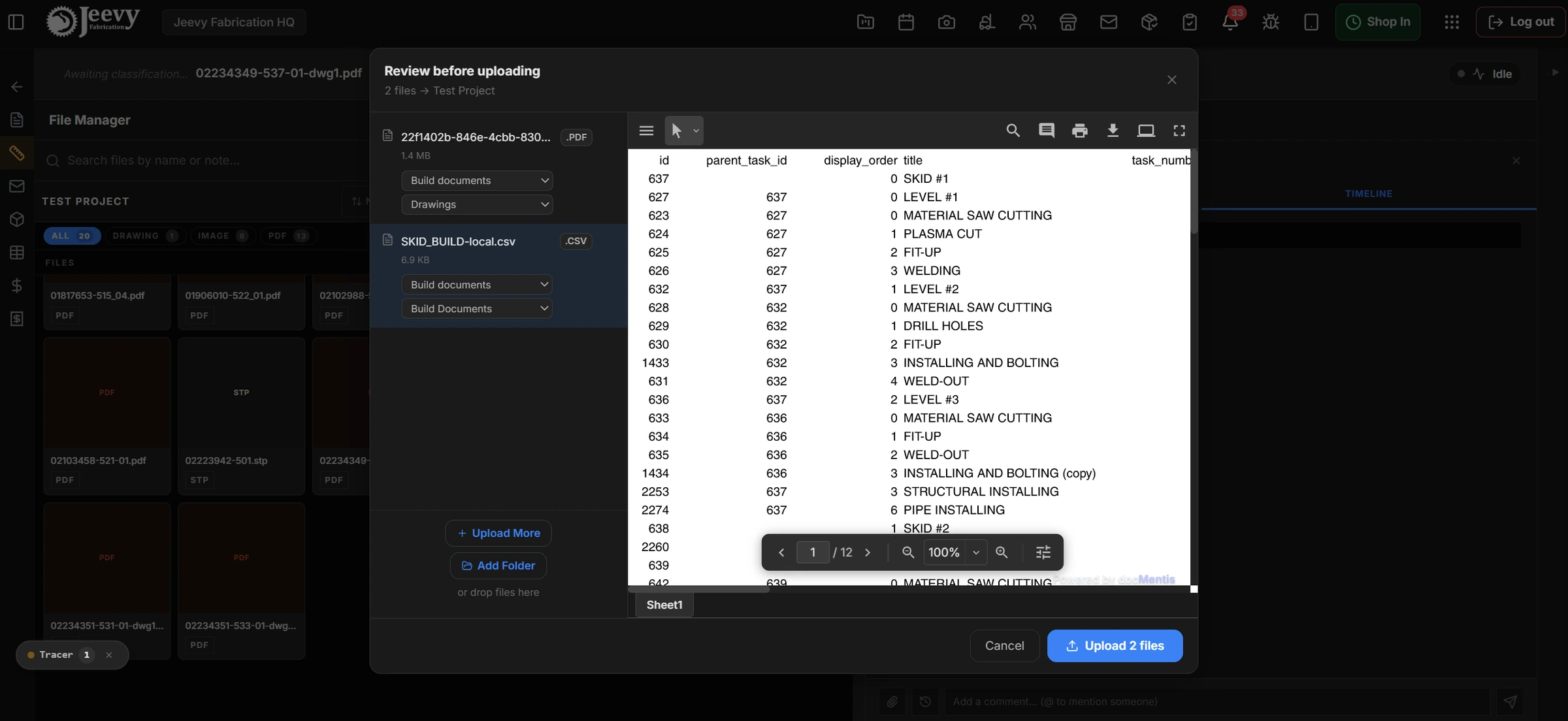Pre-ingest upload modal rendering a build schedule before it is committed