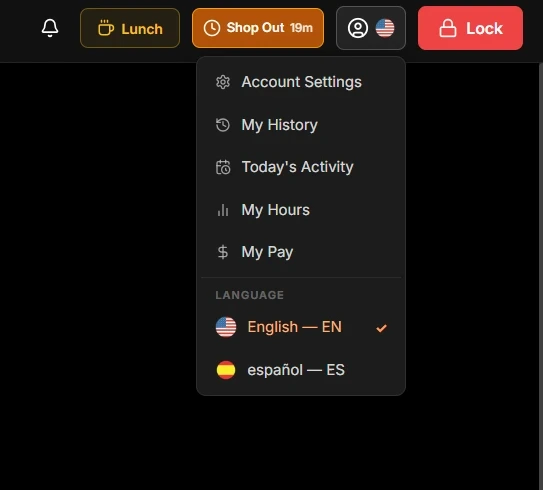 In-kiosk worker account menu exposing shift history and wage transparency links