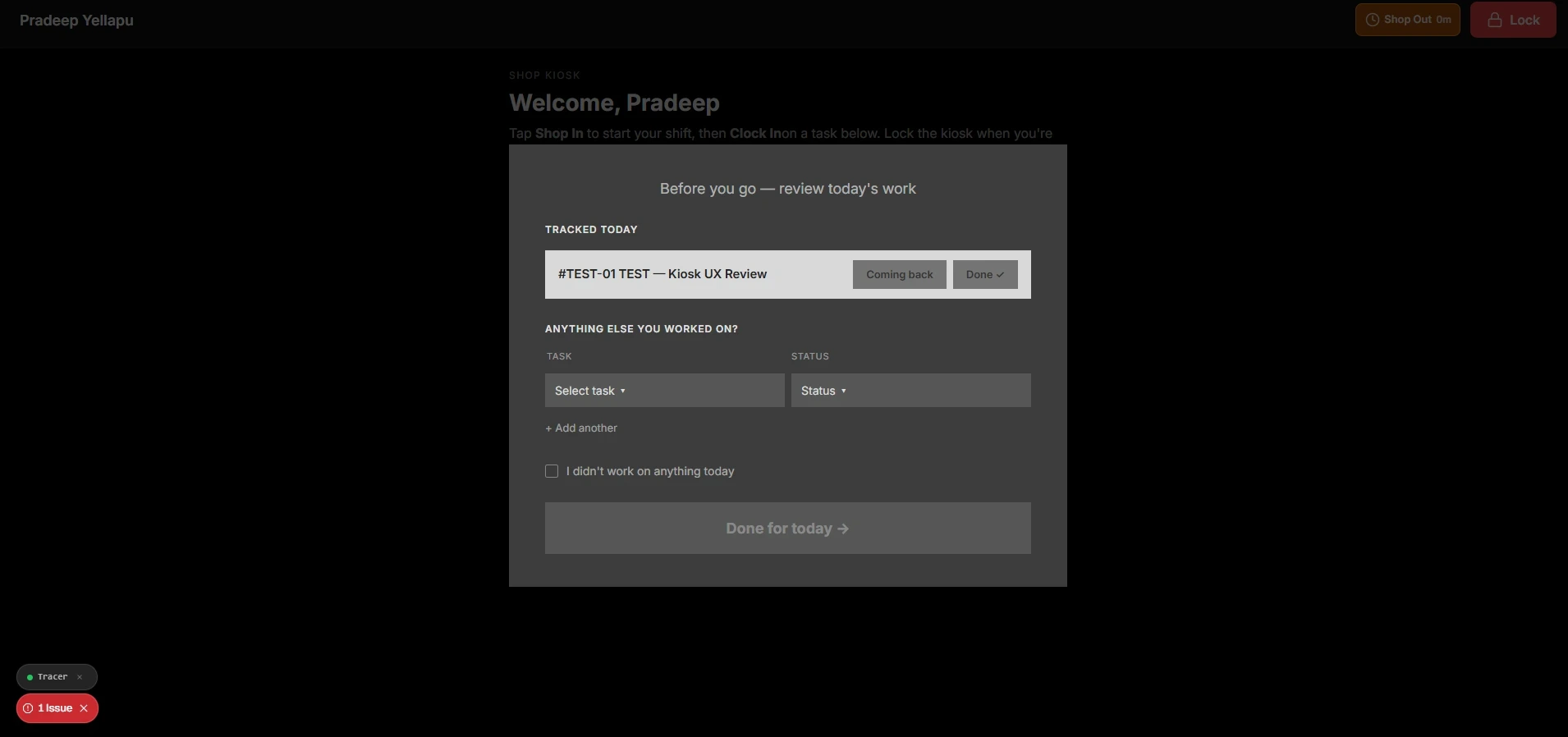 Shift reconciliation wireframe with an 'anything else you worked on?' selector before checkout