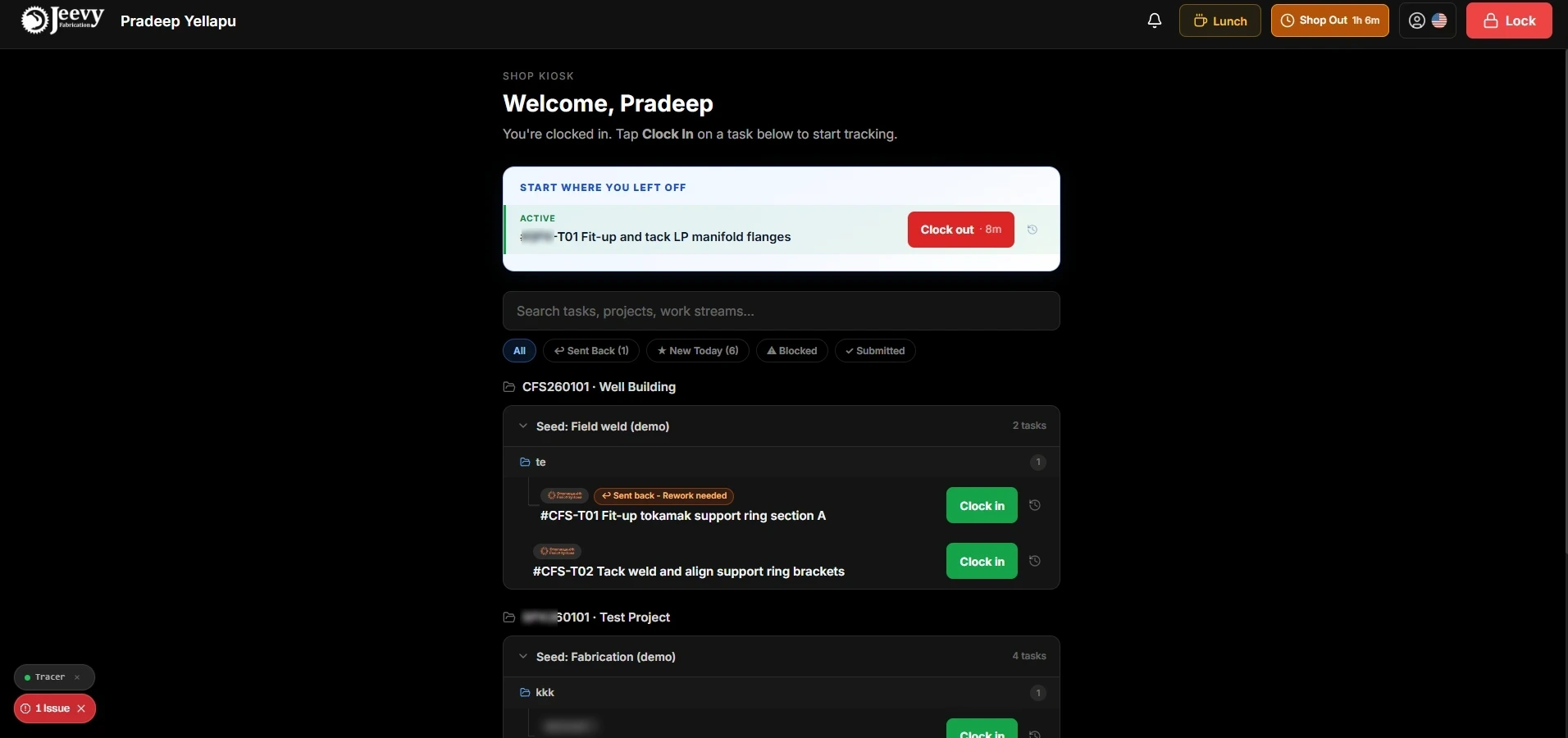 Production kiosk worker dashboard showing the active task banner, elapsed timer, and category filters