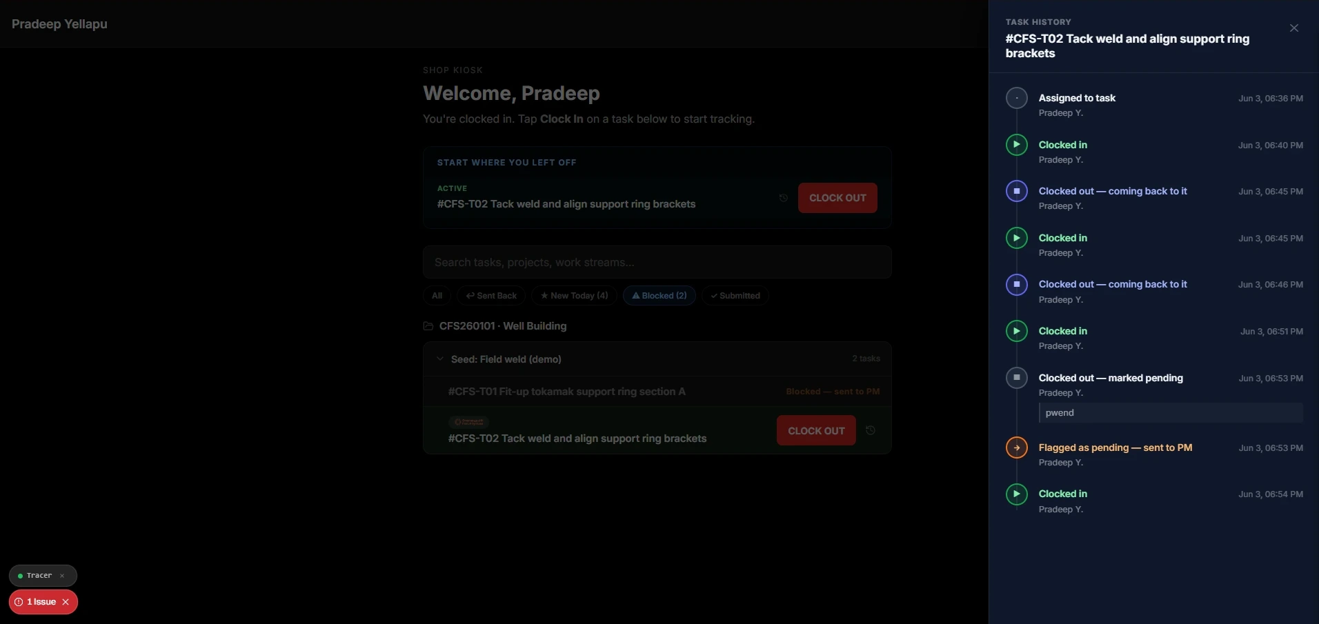 Immutable task history drawer auditing every clock-in, pause, and blocker note