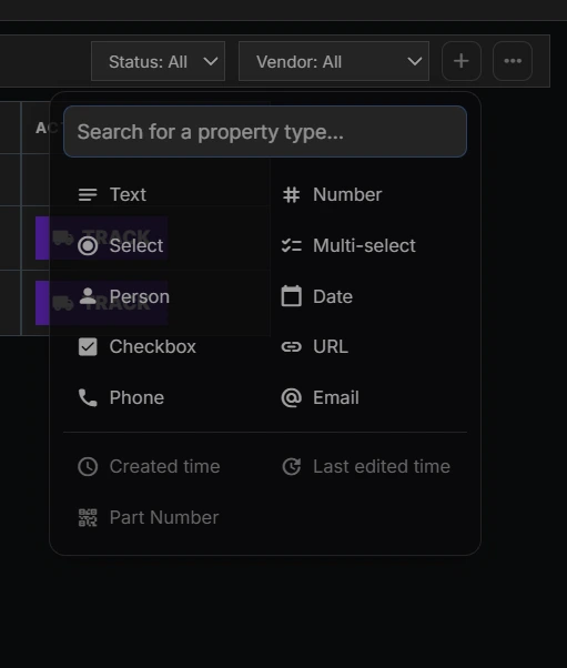 In-place custom property creation popover offering eleven typed field options