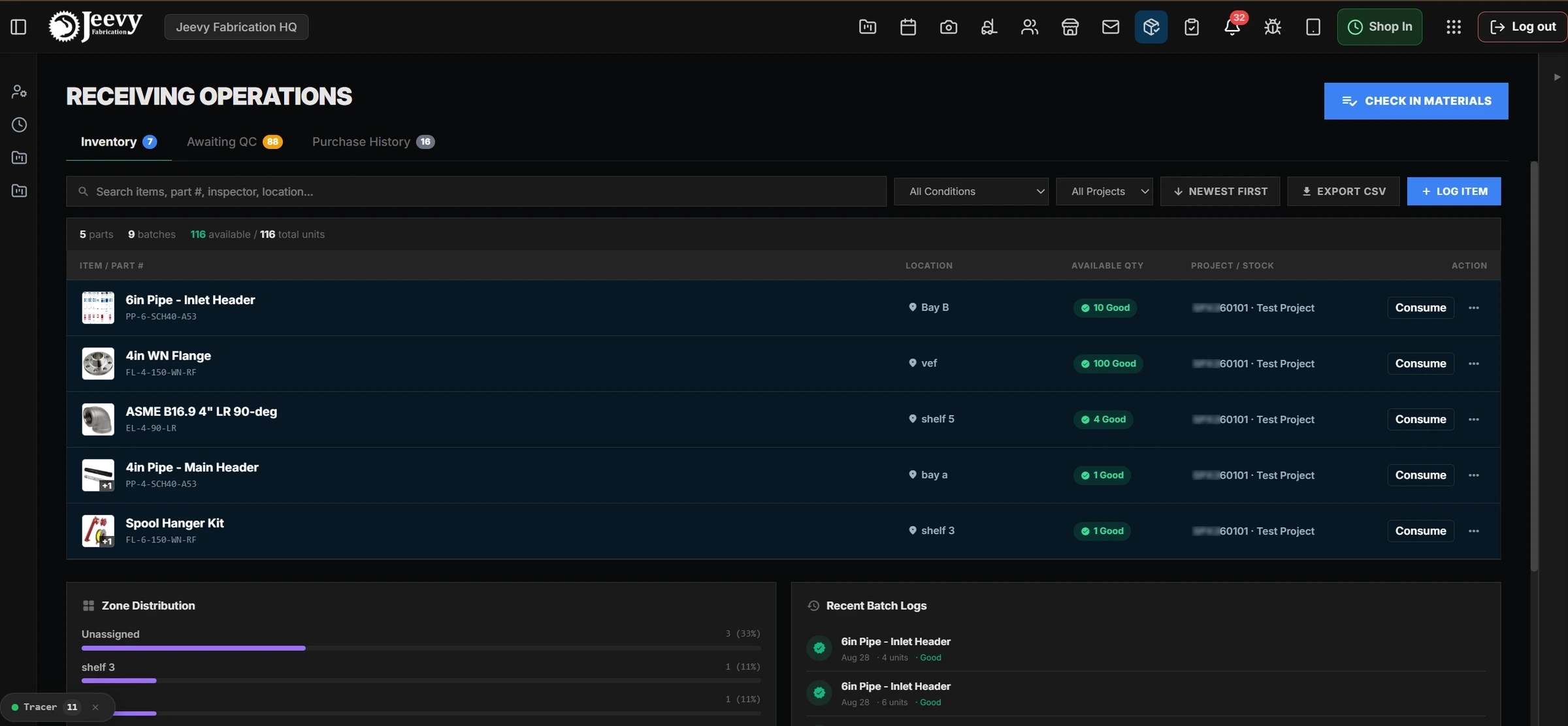 Production linear inventory table with photo thumbnails and single-click consumption