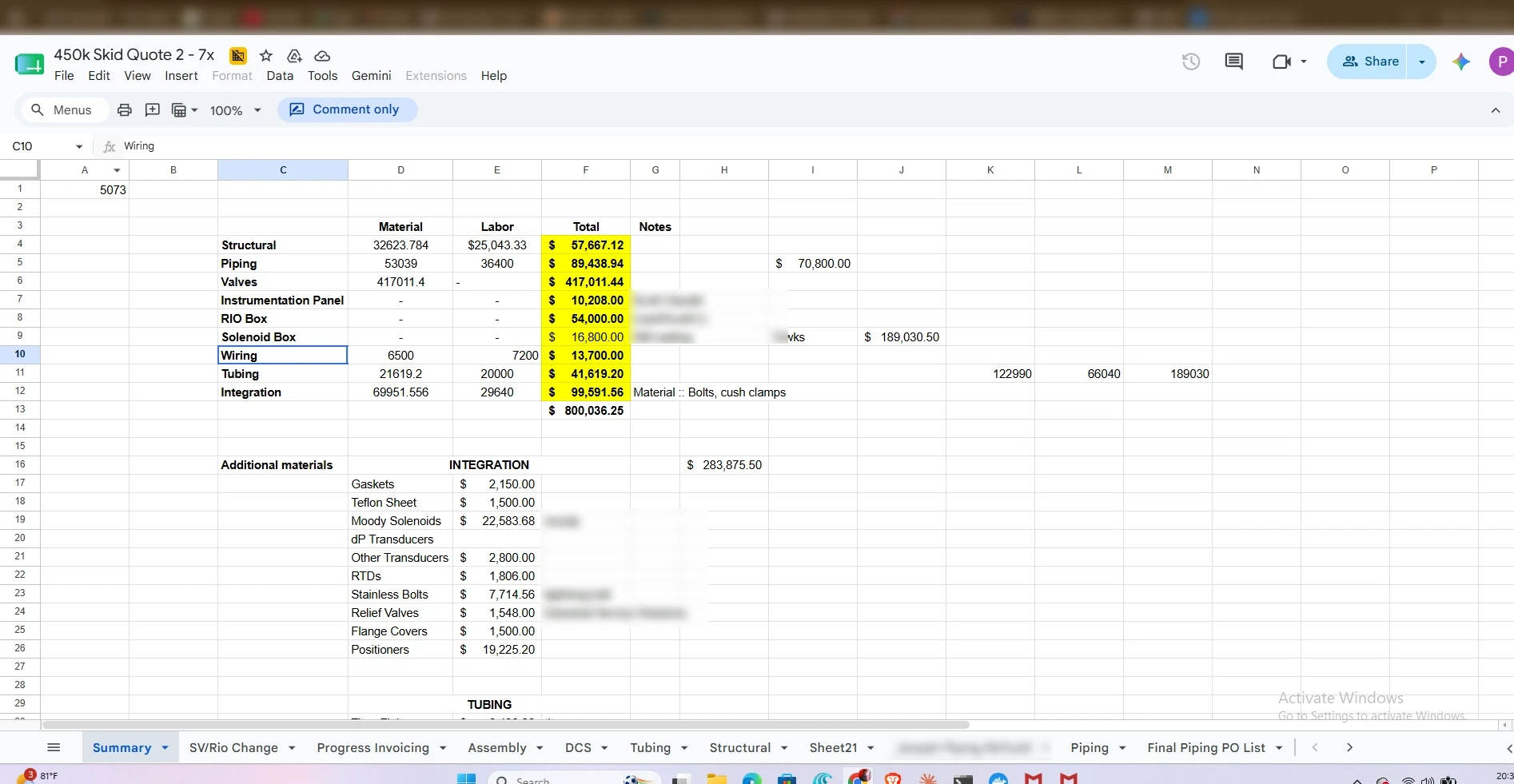 The legacy multi-tab spreadsheet quoting engine with disconnected formula tabs