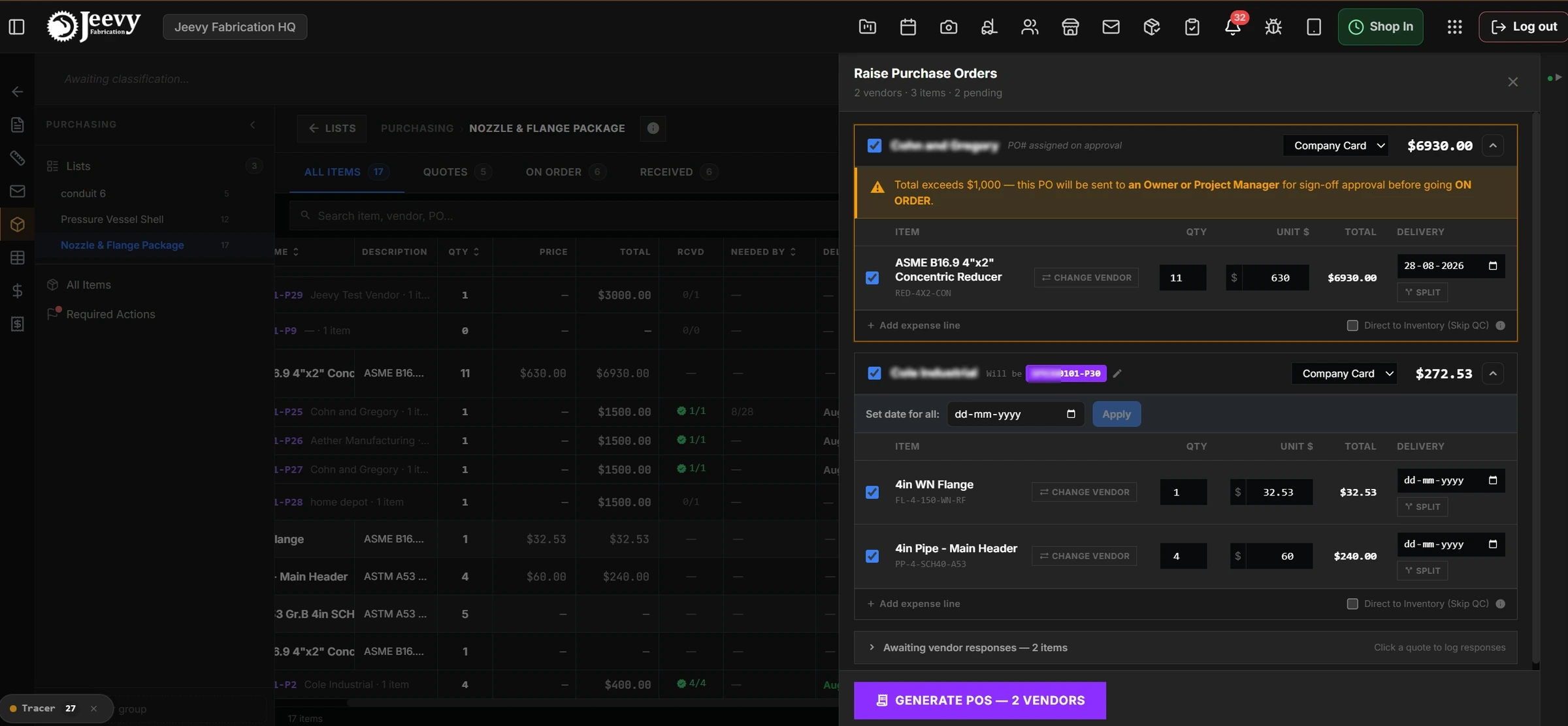 The Raise PO drawer showing vendor-grouped line totals and the sign-off warning banner