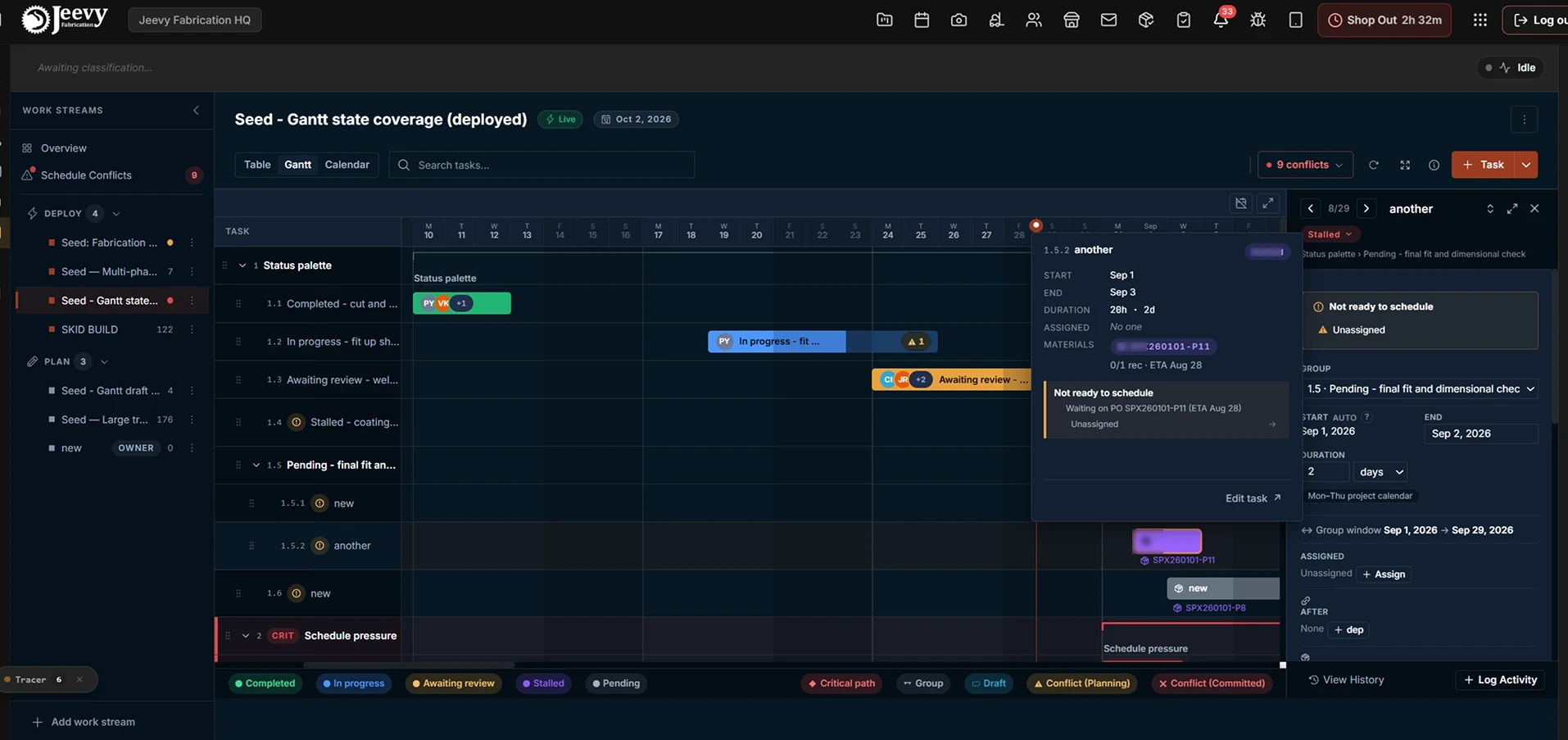 Production Gantt timeline with stalled task bars gated by supplier delivery dates