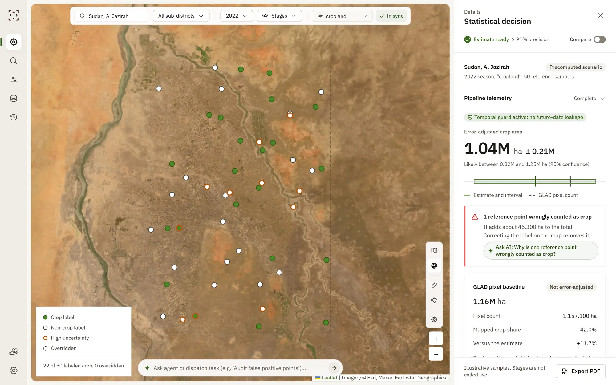 The TGI workbench over Al Jazirah on a satellite basemap, with reference sample pins and the Statistical decision drawer